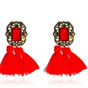 Gemstone Crystal Tassel Drop Earrings Women Color Red & Gold